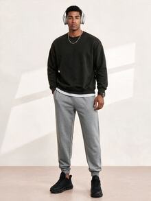 Driftmere Men's Solid Color Crew Neck Sweatshirt, Autumn Long Sleeve Top, Gray, Suitable For Back To School And Graduation Season Sports, Black - Black - View 2