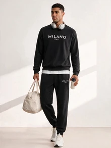 Driftmere 2pcs/Set Men's Letter Print Round Neck Long Sleeve Sweatshirt And Sweatpants, Casual Suit For Autumn - Black - View 2