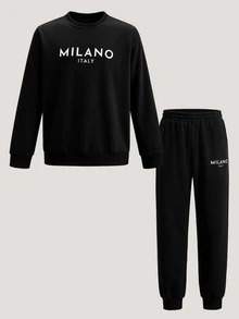 Driftmere 2pcs/Set Men's Letter Print Round Neck Long Sleeve Sweatshirt And Sweatpants, Casual Suit For Autumn - Black - View 3