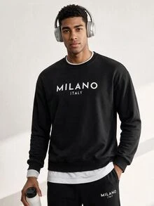 Driftmere 2pcs/Set Men's Letter Print Round Neck Long Sleeve Sweatshirt And Sweatpants, Casual Suit For Autumn - Black - View 1