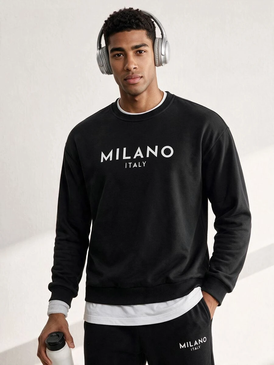 Driftmere 2pcs/Set Men's Letter Print Round Neck Long Sleeve Sweatshirt And Sweatpants, Casual Suit For Autumn - Black - View 1