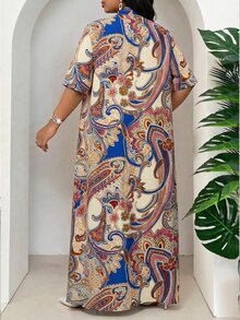 SHEIN Lady Plus Size Paisley Print Long Jacket Pants 2 Pieces Set Vacation Brunch Party Wedding Guest Formal Beige Summer Boho Bomber Elegant Casual Bohemian - Multicolor - View 3