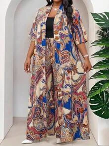 SHEIN Lady Plus Size Paisley Print Long Jacket Pants 2 Pieces Set Vacation Brunch Party Wedding Guest Formal Beige Summer Boho Bomber Elegant Casual Bohemian - Multicolor - View 5