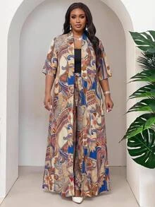 SHEIN Lady Plus Size Paisley Print Long Jacket Pants 2 Pieces Set Vacation Brunch Party Wedding Guest Formal Beige Summer Boho Bomber Elegant Casual Bohemian - Multicolor - View 2