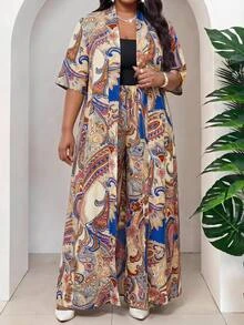 SHEIN Lady Plus Size Paisley Print Long Jacket Pants 2 Pieces Set Vacation Brunch Party Wedding Guest Formal Beige Summer Boho Bomber Elegant Casual Bohemian - Multicolor - View 4