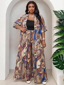 SHEIN Lady Plus Size Paisley Print Long Jacket Pants 2 Pieces Set Vacation Brunch Party Wedding Guest Formal Beige Summer Boho Bomber Elegant Casual Bohemian - Multicolor - View 7