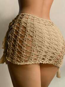 SHEIN Swim Basics Summer Beach Hollow Out Tassel Decor Cover Up Skirt Without Bikini Bottom - Khaki - View 3