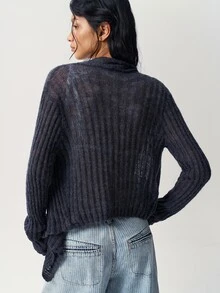 Bohemela Women's Solid Color Long Sleeve Open Front Casual Knit Cardigan - Navy Blue - View 7