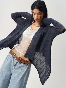 Bohemela Women's Solid Color Long Sleeve Open Front Casual Knit Cardigan - Navy Blue - View 2