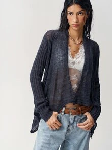 Bohemela Women's Solid Color Long Sleeve Open Front Casual Knit Cardigan - Navy Blue - View 5