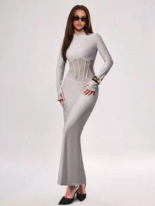 Avenya Women's Waist Cut-Out Semi-Sheer Long Sleeve Dress - Light Grey - View 1