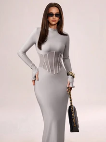 Avenya Women's Waist Cut-Out Semi-Sheer Long Sleeve Dress - Light Grey - View 4