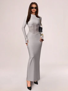 Avenya Women's Waist Cut-Out Semi-Sheer Long Sleeve Dress - Light Grey - View 5