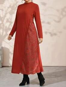 EMERY ROSE 大尺碼女款秋冬鄉村休閒優雅星空聖誕刺繡拼接洋裝，適合秋季派對、正式場合與早午餐，紅色/紅褐色 - 紅木色 - 查看 4