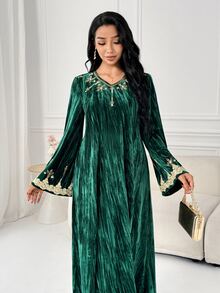Al Najma Women's V-Neck Rhinestone Decor Flare Sleeve Arabian Dress - Green - View 6