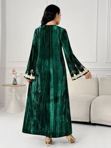 Al Najma Women's V-Neck Rhinestone Decor Flare Sleeve Arabian Dress - Green - View 2