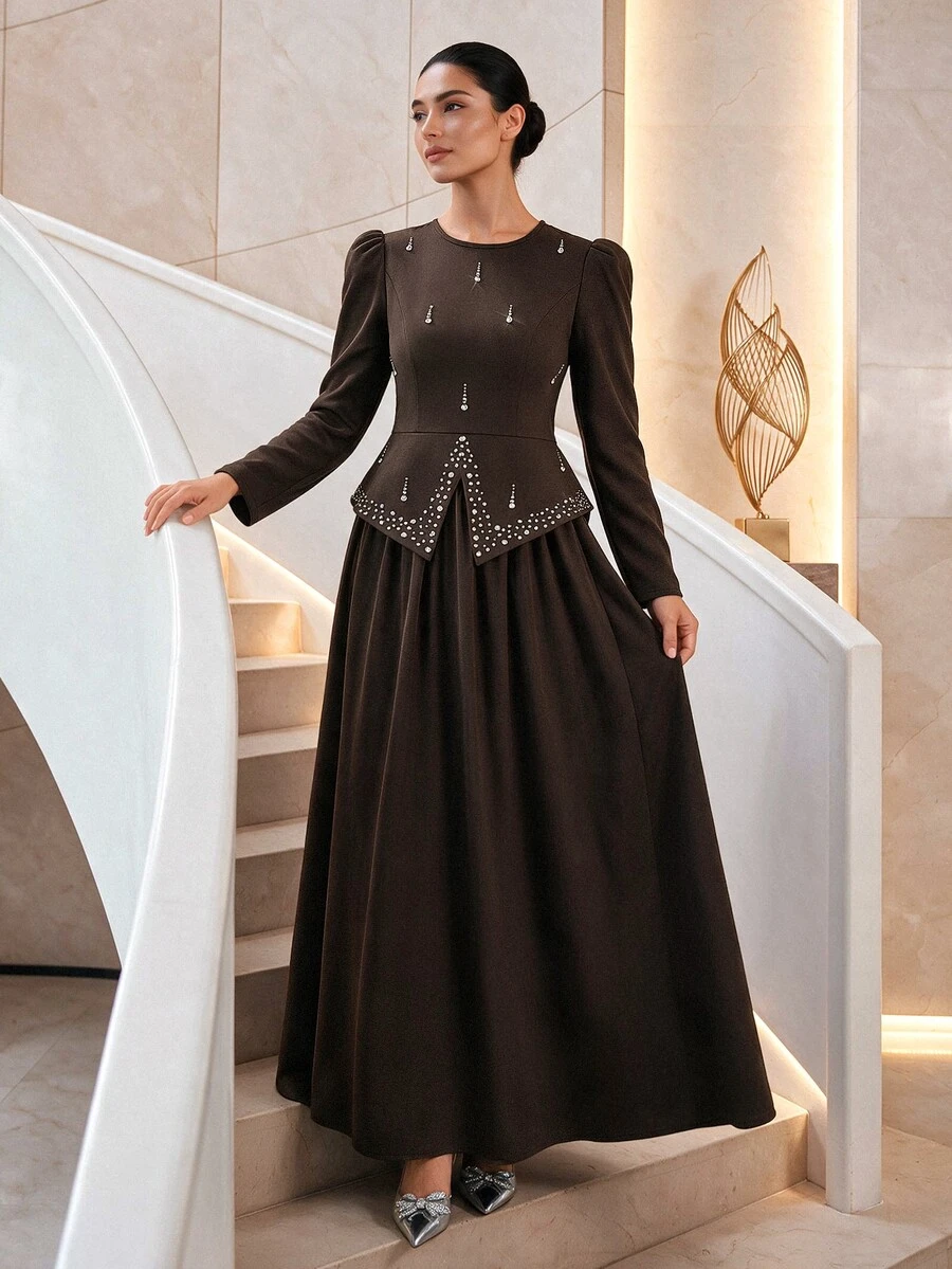 Veilorie Women's Rhinestone Long Sleeve Top And Long Skirt Arabic Costume Set - Brown - View 1