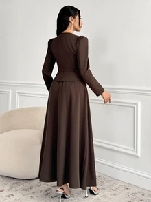 Veilorie Women's Rhinestone Long Sleeve Top And Long Skirt Arabic Costume Set - Brown - View 2