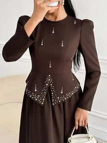 Veilorie Women's Rhinestone Long Sleeve Top And Long Skirt Arabic Costume Set - Brown - View 7