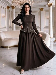 Veilorie Women's Rhinestone Long Sleeve Top And Long Skirt Arabic Costume Set - Brown - View 4