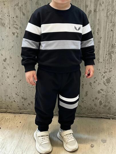SHEIN 2pcs/Set Young Boy Casual Sports College Street Style Wing Pattern Colorblock Striped Sweatshirt + Long Pants, Ring Bearer, School, Travel, Autumn