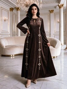 Al Najma Gaun Arab Kasual Wanita dengan Detail Berongga untuk Sehari-hari, Pesta, dan Perjalanan - Coffee Brown - View 1