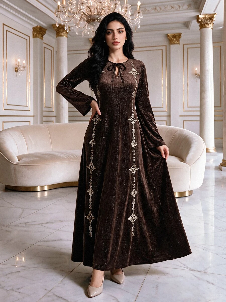 Al Najma Gaun Arab Kasual Wanita dengan Detail Berongga untuk Sehari-hari, Pesta, dan Perjalanan - Coffee Brown - View 1