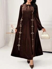 Al Najma Gaun Arab Kasual Wanita dengan Detail Berongga untuk Sehari-hari, Pesta, dan Perjalanan - Coffee Brown - View 8