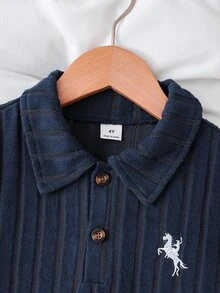 2pcs/Set Boys' Sweatshirt & Pants Set, Autumn/Winter New Knit Ribbed Ribbed Fabric Long Sleeve Polo Collar Sweatshirt & Long Pants Set, Comfortable Casual Outfit, Suitable For Daily Wear, Home Wear, Brother Outfit, Soft And Comfortable Fabric, Suitable For Autumn/Winter Wear, Suitable For Boys' Daily Wear - Navy Blue - View 8