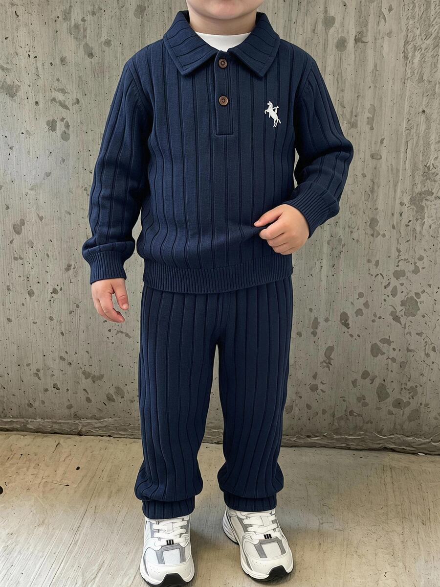 2pcs/Set Boys' Sweatshirt & Pants Set, Autumn/Winter New Knit Ribbed Ribbed Fabric Long Sleeve Polo Collar Sweatshirt & Long Pants Set, Comfortable Casual Outfit, Suitable For Daily Wear, Home Wear, Brother Outfit, Soft And Comfortable Fabric, Suitable For Autumn/Winter Wear, Suitable For Boys' Daily Wear