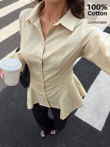 Siren Gaze 100% Pure Cotton Asymmetrical Waist Tie Back Elegant Ruffle Blouse, Fitted Shirt - Apricot - View 7