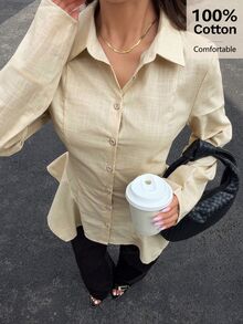 Siren Gaze 100% Pure Cotton Asymmetrical Waist Tie Back Elegant Ruffle Blouse, Fitted Shirt - Apricot - View 5