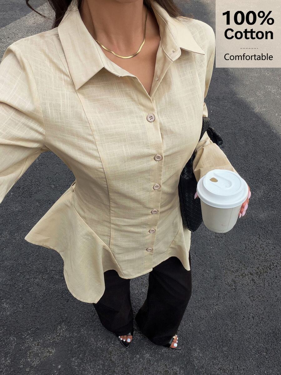 Siren Gaze 100% Pure Cotton Asymmetrical Waist Tie Back Elegant Ruffle Blouse, Fitted Shirt