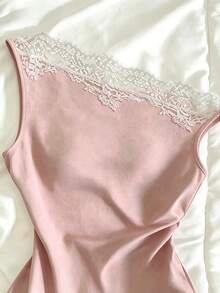 Seusyu French Lace Patchwork Asymmetric Neckline Sleeveless Versatile Sexy Asymmetrical Shoulder Cropped Tank Top For Women - Dusty Pink - View 6
