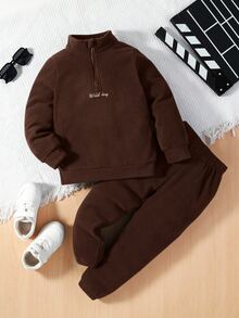 SHEIN 2pcs/Set Boys' Letter Embroidered Half-Zip Stand Collar Long Sleeve Hoodie And Sweatpants Autumn Fall - Coffee Brown - View 5