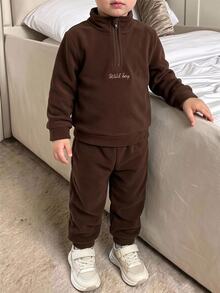 SHEIN 2pcs/Set Boys' Letter Embroidered Half-Zip Stand Collar Long Sleeve Hoodie And Sweatpants Autumn Fall - Coffee Brown - View 2