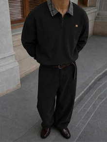 Mainfolk Men's Casual Standard Size Black Pullover Sweatshirt With Embroidered Collar, Spring/Autumn - Black - View 1