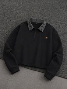 Mainfolk Men's Casual Standard Size Black Pullover Sweatshirt With Embroidered Collar, Spring/Autumn - Black - View 3