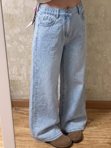 SHEIN Tween Girl Casual Daily Denim Wide Leg Long Pants With Pockets And Buttons - Blue - View 2