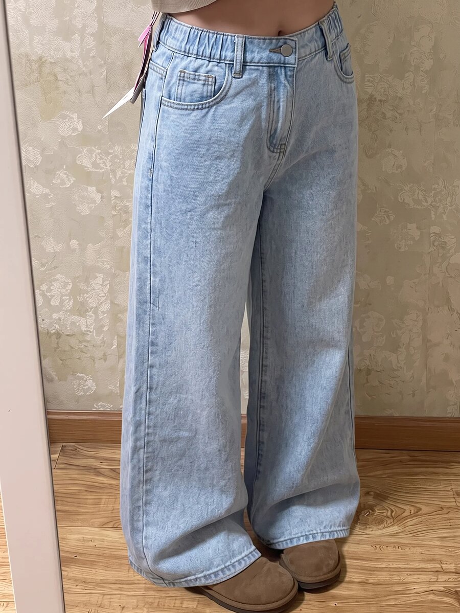 SHEIN 少女休閒日常兒童牛仔寬腿長褲,附口袋與鈕扣 - 藍色 - 查看 1