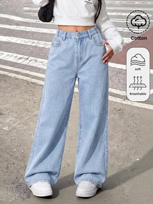 SHEIN Tween Girl Casual Daily Denim Wide Leg Long Pants With Pockets And Buttons - Blue - View 3