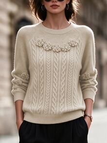 Zayélia Women's 3D Floral Decor Casual Daily Long Sleeve Sweater - Khaki - View 2