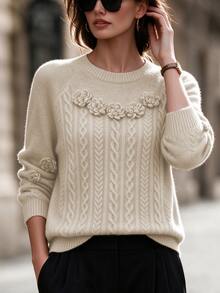 Zayélia Women's 3D Floral Decor Casual Daily Long Sleeve Sweater - Khaki - View 4