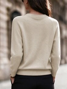 Zayélia Women's 3D Floral Decor Casual Daily Long Sleeve Sweater - Khaki - View 3