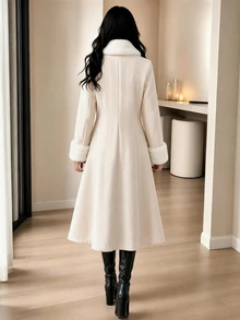 Yalmera Women's Autumn/Winter Solid Color Fur Collar Long Sleeve Single-Breasted Elegant Overcoat - Apricot - View 2