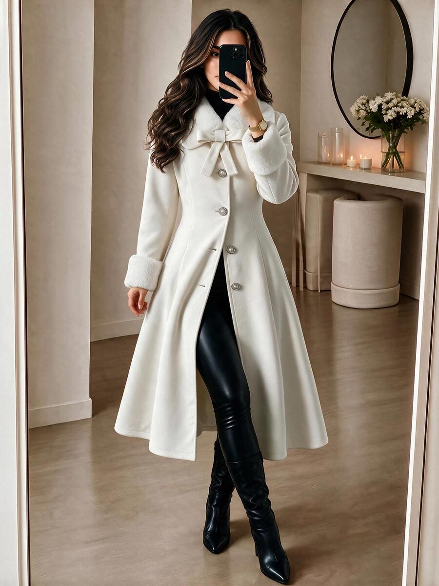 Yalmera Women's Autumn/Winter Solid Color Fur Collar Long Sleeve Single-Breasted Elegant Overcoat - Apricot - View 1