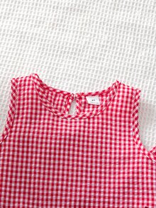 SHEIN Genkimix Kids 女童法式鄉村風紅白格紋圓領無袖背心，側邊3D蝴蝶結裝飾，搭配寬鬆直筒寬腿褲，夏季休閒套裝 - 紅白色 - 查看 6