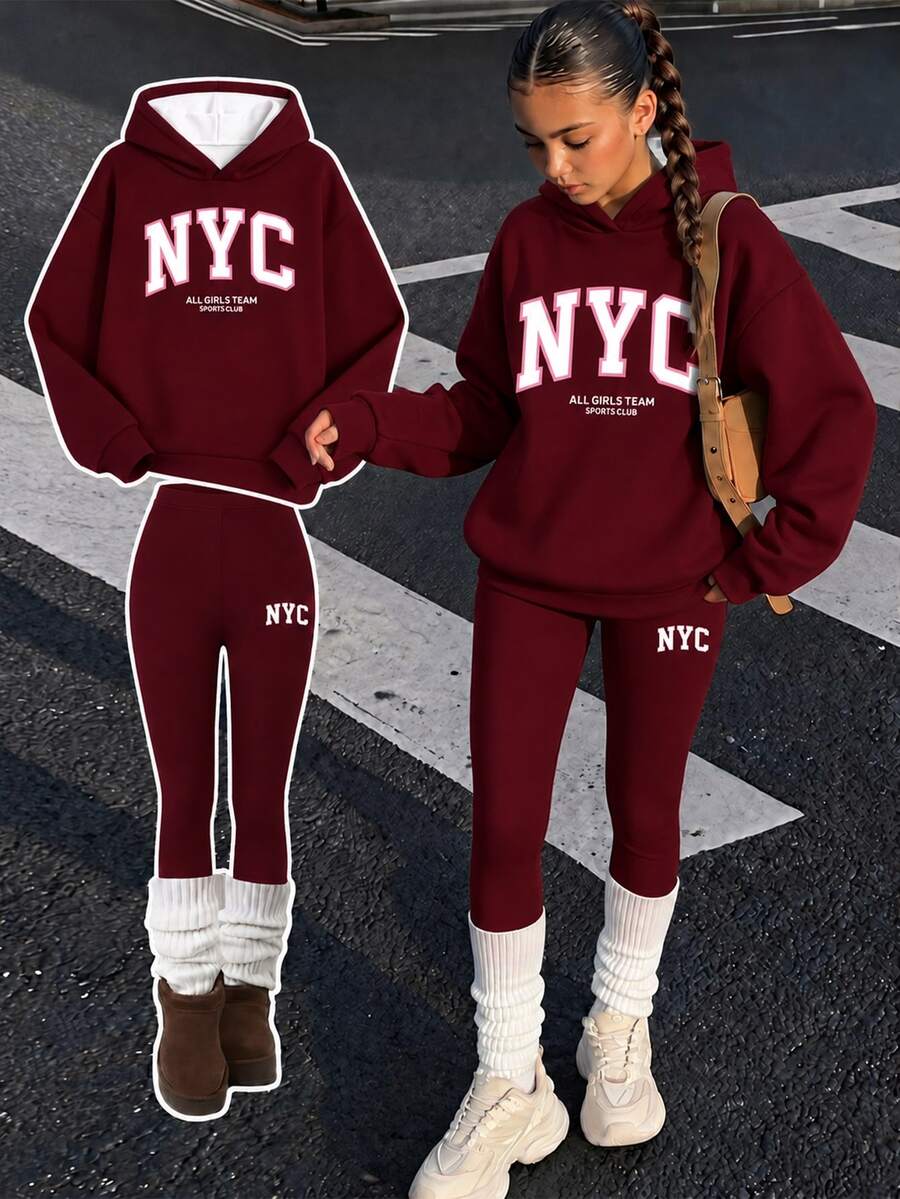 Tween Girls Hooded Drop Shoulder Sweatshirt And Slim Fit Leggings 2 Pieces Set With Thermal Lining - Multicolor - View 1