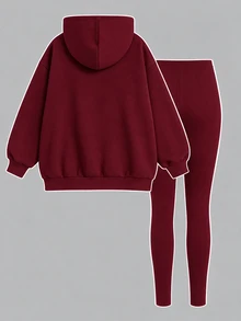 Tween Girls Hooded Drop Shoulder Sweatshirt And Slim Fit Leggings 2 Pieces Set With Thermal Lining - Multicolor - View 2