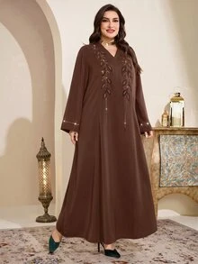 Al Najma Plus Size Women Elegant Modest Ninang Rhinestone Embellished Flare Sleeve Loose Arabic Style Maxi Dress Wedding Night Dubai Holiday Brown Fall - Coffee Brown - View 7